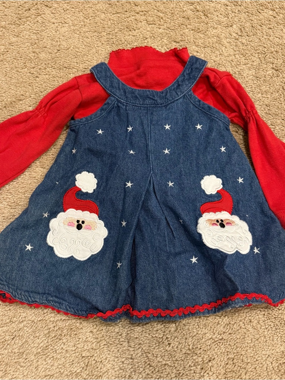 Girls Denim Santa Jumper Dress with Red Top Sz 0-3 months
